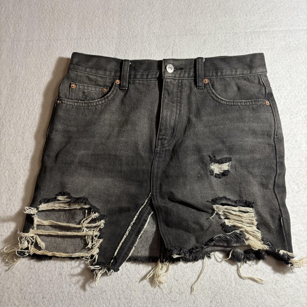 We The Free‎ Destoyed Denim Skirt Womens 25 Black Raw Hem Mini Free People